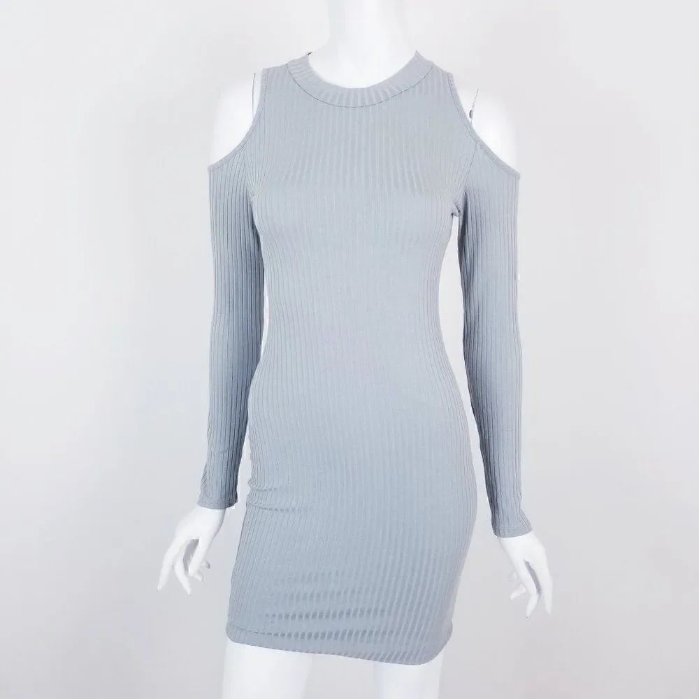 Promesa Womens Size Medium Dusty Blue Ribbed Knit Cold Shoulder Shirt Dress NWT